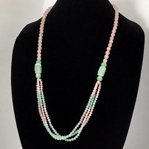 Green And Pink Quartz Beaded Necklace Vintage 32”